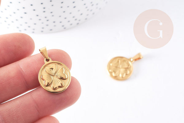Pendentif médaille rond trèfle acier inoxydable 304 doré 21mm, x1 (G1737)