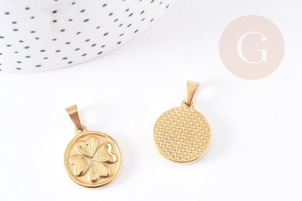 Pendentif médaille rond trèfle acier inoxydable 304 doré 21mm, x1 (G1737)