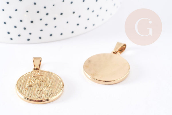 Pendentif médaille ronde Balance acier acier 304 inoxydable doré à graver, x1 (G0817)