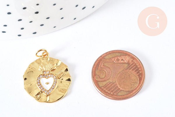 Pendentif médaille ronde Cœur émail blanc et zircons laiton doré 18K 22mm, x1 (G7133)