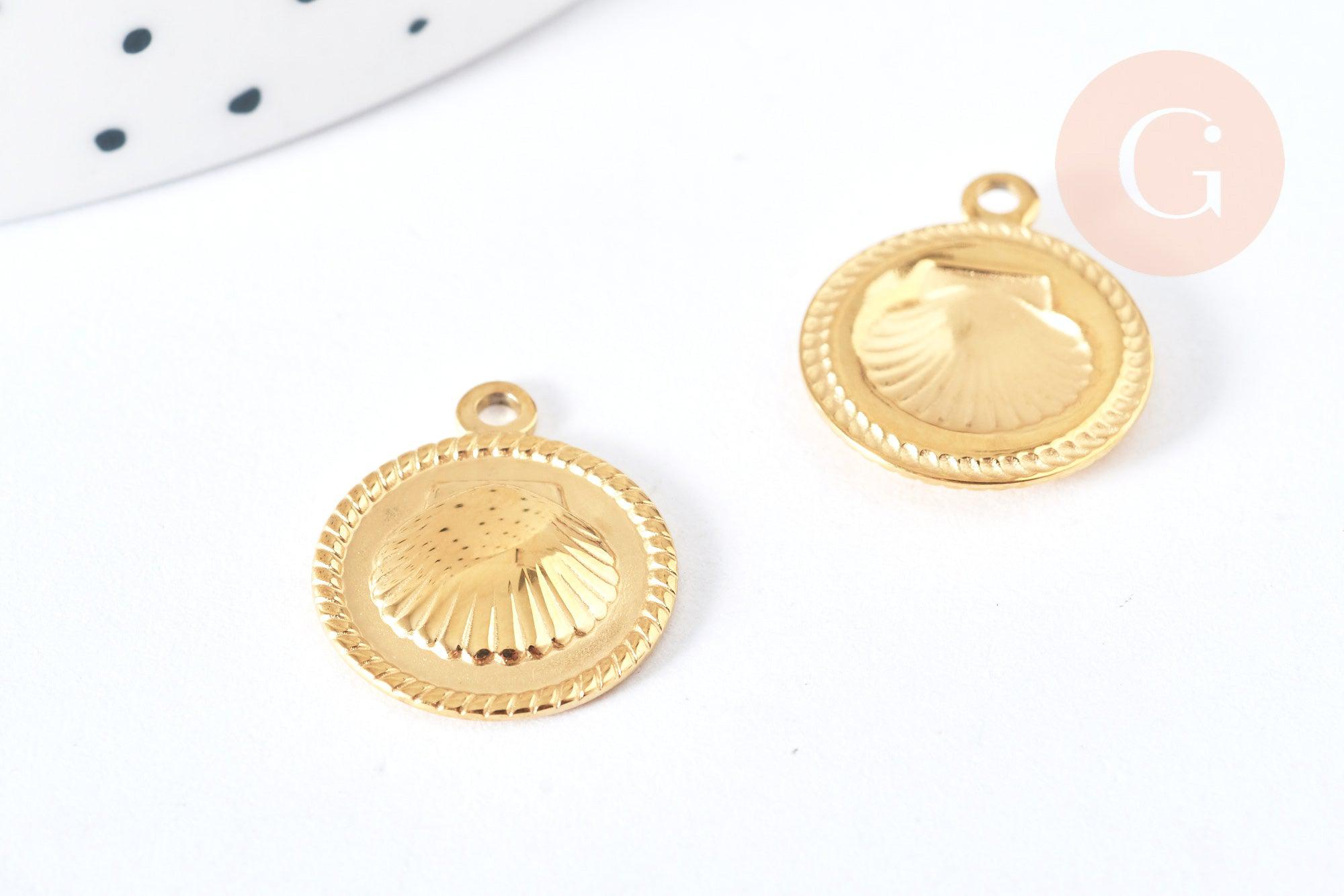 Pendentif médaille ronde Coquillage acier 316 doré inoxydable IP 18mm, x1 (G7126)
