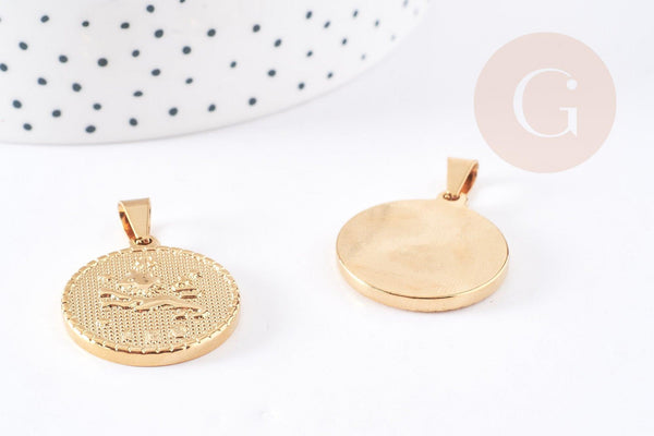 Pendentif médaille ronde Lion acier 304 inoxydable doré à graver 29mm, x1 (G0521)