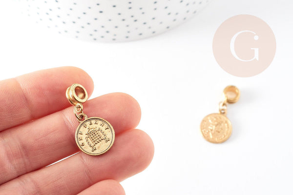 Pendentif médaille ronde Penny zamac doré 2.1cm, pendentif doré, médaillon,métal doré, x1 G0355