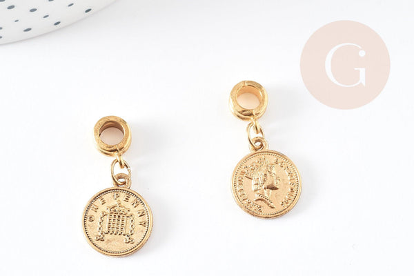 Pendentif médaille ronde Penny zamac doré 2.1cm, pendentif doré, médaillon,métal doré, x1 G0355