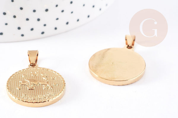 Pendentif médaille ronde Taureau acier dor é29mm, x1 (G0106)