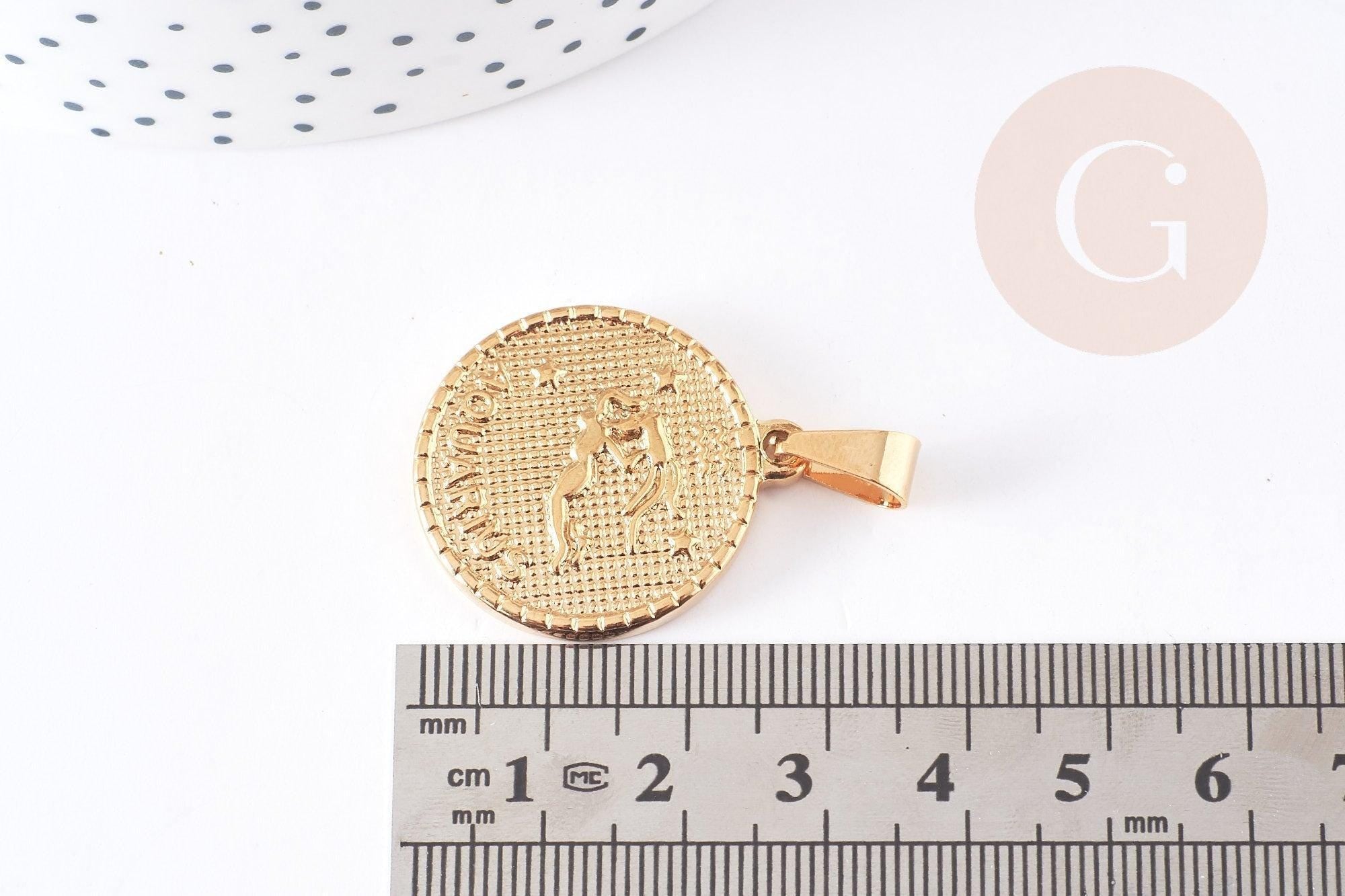 Pendentif médaille ronde Verseau acier 304 inoxydable doré à graver, x1 (G1721)