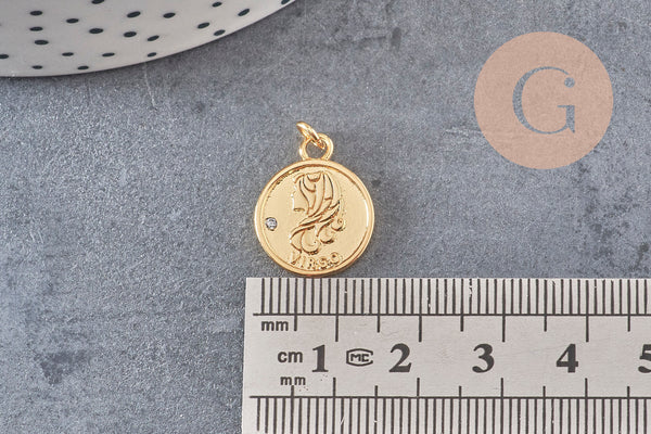 Pendentif médaille ronde Vierge laiton doré 18K, pendentif doré astrologique création bijoux sans nickel,18mm, x1 (G5332)