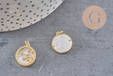 Pendentif médaille ronde Vierge nacre laiton doré 18K zircons,pendentif doré astrologique création bijoux sans nickel,17.5mm, x1 (G3481)