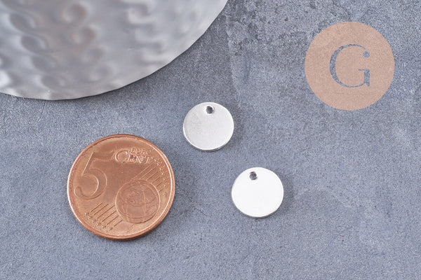 Pendentif médaille ronde acier inoxydable argenté 10mm, x10 (G3398)