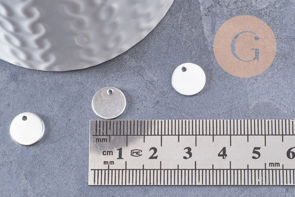 Pendentif médaille ronde acier inoxydable argenté 10mm, x10 (G3398)