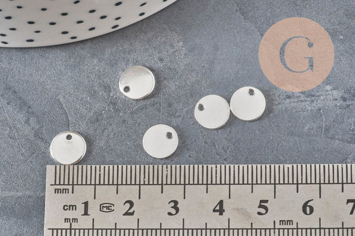 Silver-colored stainless steel round medallion pendant 8mm, x10 (G11348)