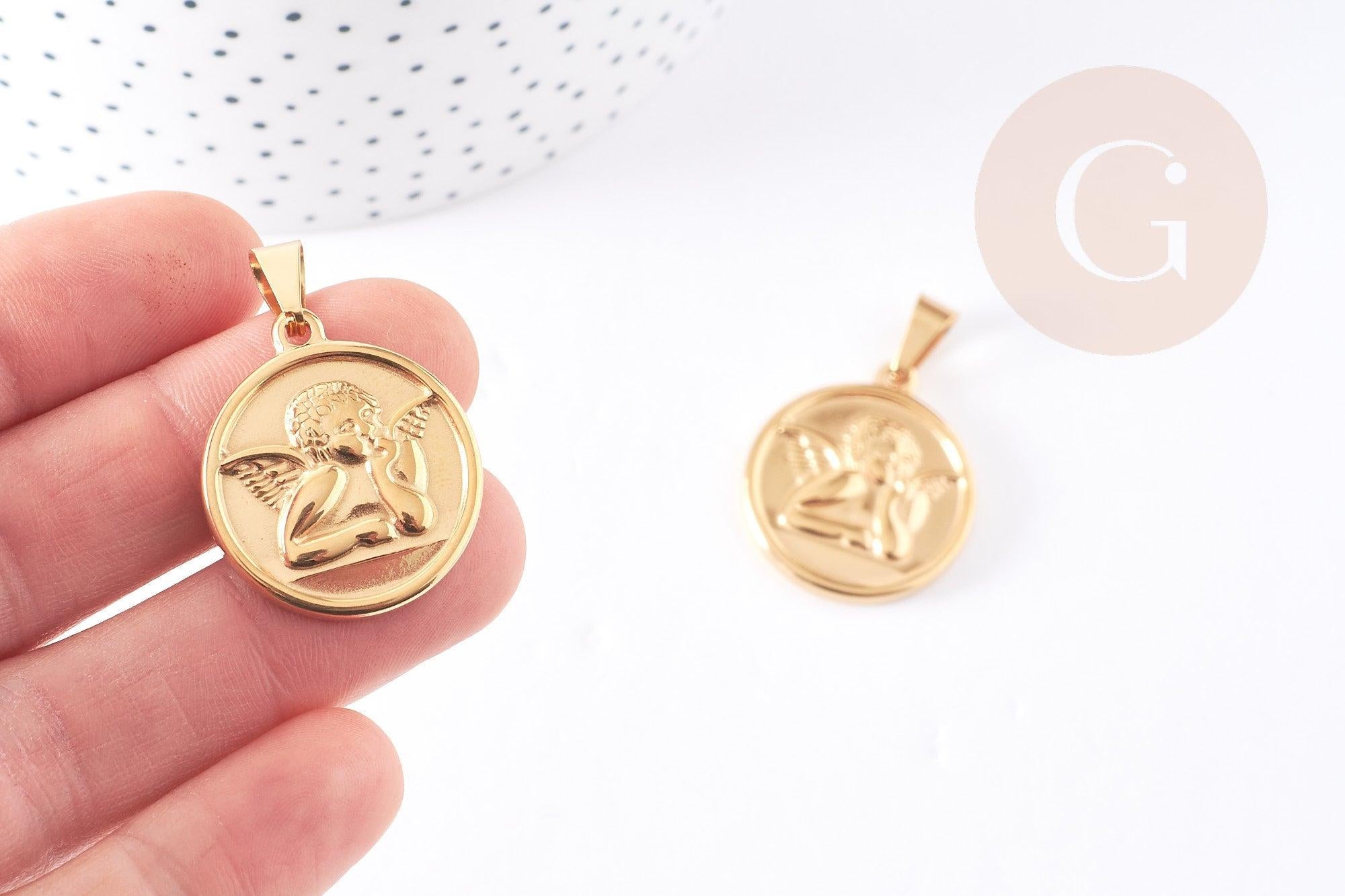 Pendentif médaille ronde ange acier 304 inoxydable doré 23mm, x1 (G0140)