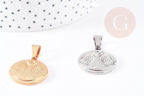 Pendentif médaille ronde ange acier doré ou platine 28.5mm, x1 (G4055)
