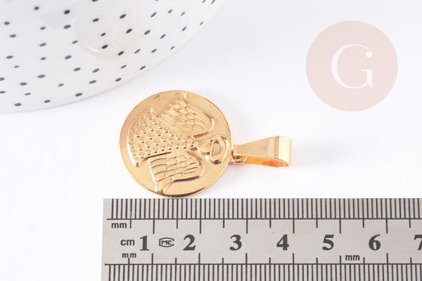 Pendentif médaille ronde ange acier doré ou platine 28.5mm, x1 (G4055)