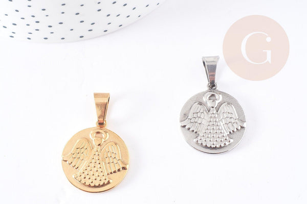 Pendentif médaille ronde ange acier doré ou platine 28.5mm, x1 (G4055)