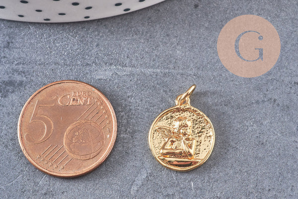 Pendentif médaille ronde ange laiton doré 18K 16.5mm, x1 (G5292)