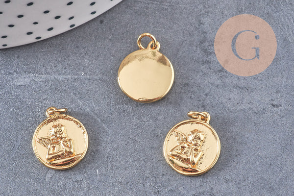 Pendentif médaille ronde ange laiton doré 18K 16.5mm, x1 (G5292)