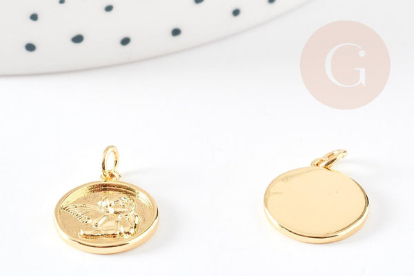Pendentif médaille ronde ange laiton doré 18K 16mm, x1 (G6712)