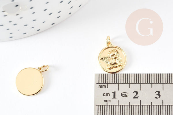 Pendentif médaille ronde ange laiton doré 18K 16mm, x1 (G6712)