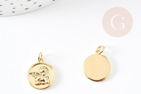 Pendentif médaille ronde ange laiton doré 18K 16mm, x1 (G6712)