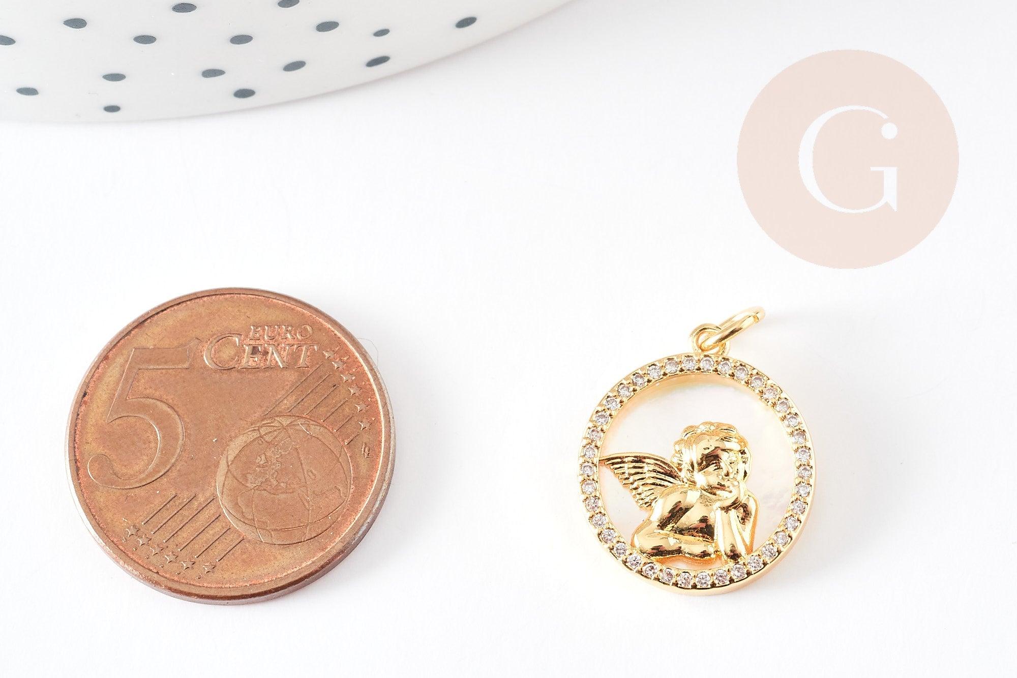 Pendentif médaille ronde ange laiton doré nacre et zircon, pendentif nacre et laiton doré pour création,médaille or,17.5mm, x1 G3569