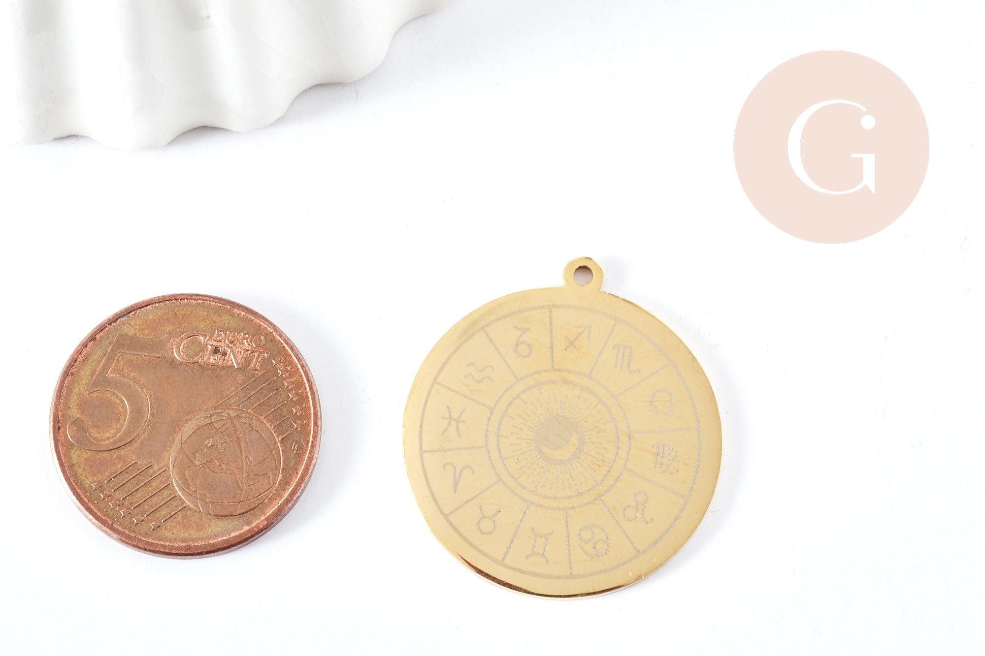 Pendentif médaille ronde astrologie acier 201 inoxydable doré 27.5mm, x1 (G6123)