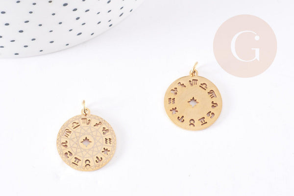 Pendentif médaille ronde astrologie acier doré 22mm, x1 (G1613)