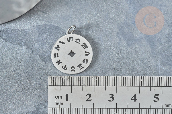 Pendentif médaille ronde astrologie argenté acier inoxydable 22mm,signe astrologique, , x1 G7602