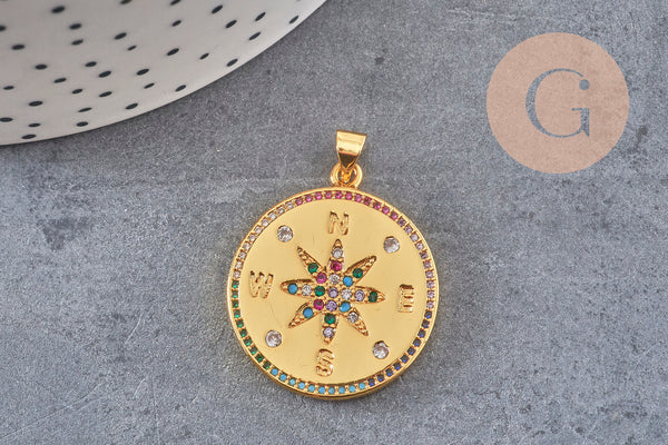 Pendentif médaille ronde boussole étoile laiton doré 18K zircons 25.5mm, x1 (G3554)