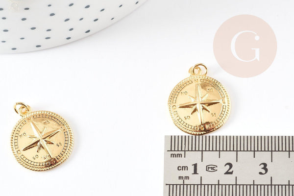 Pendentif médaille ronde boussolle étoile laiton doré 18K 21.5mm, x1 (G5330)