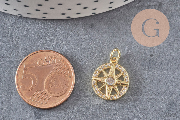 Pendentif médaille ronde boussolle étoile laiton doré 18K zircons 16mm, x1 (G3586)