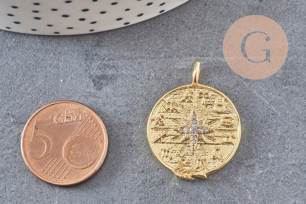Pendentif médaille ronde boussolle étoile laiton doré 18K zircons, un pendentif doré avec cristal pour création bijoux,29.8mm, x1 (G7043)