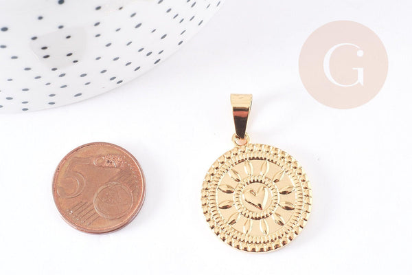 Pendentif médaille ronde cœur acier 304 inoxydable doré 25mm, x1 (G2051)