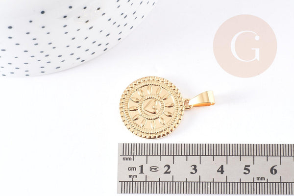 Pendentif médaille ronde cœur acier 304 inoxydable doré 25mm, x1 (G2051)