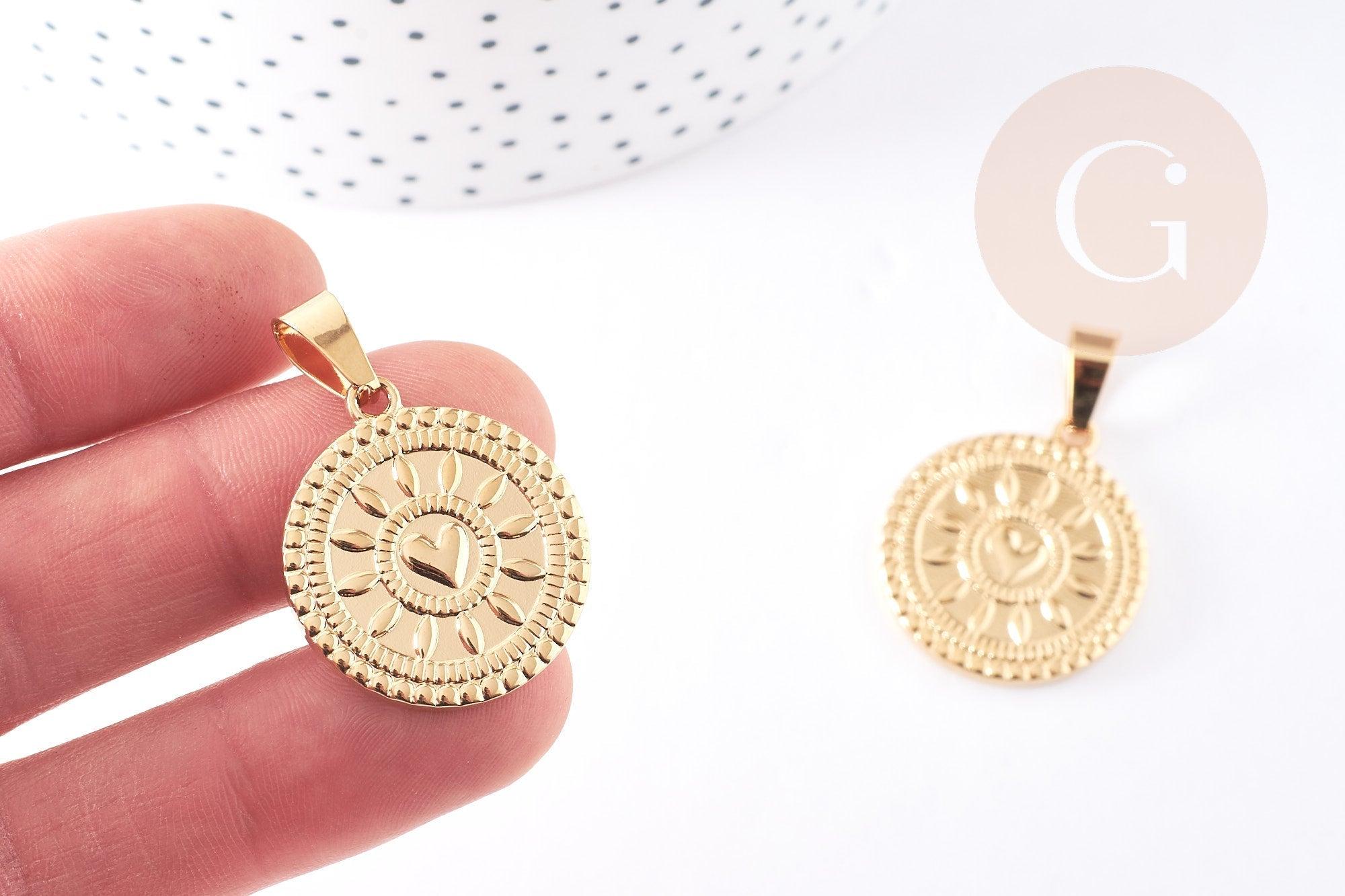 Pendentif médaille ronde cœur acier 304 inoxydable doré 25mm, x1 (G2051)