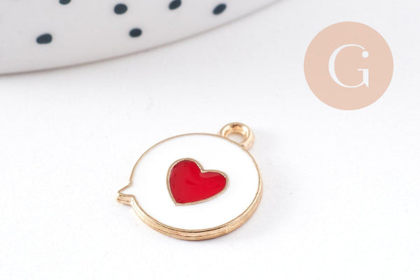 Pendentif médaille ronde coeur émail rouge laiton doré ,pendentif laiton amour pour création bijoux,17mm, x1 (G6192)