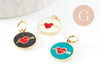 Pendentif médaille ronde coeur oeil émail rouge laiton doré ,pendentif laiton amour 14mm, x1 (G4292)