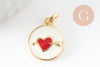 Pendentif médaille ronde coeur oeil émail rouge laiton doré ,pendentif laiton amour 14mm, x1 (G4292)