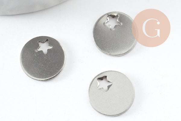 Pendentif médaille ronde étoile acier 201 inoxydable platine 12.5mm, x1 (G9500)