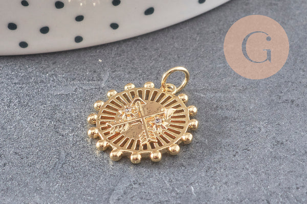 Pendentif médaille ronde flèches laiton doré 18K zircons, un pendentif doré avec cristal pour création bijoux,18.5mm, x1 (G3556)