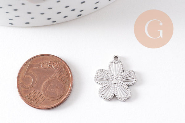 Pendentif médaille ronde fleur acier 304 inoxydable platine 17.5mm, x1 (G10480)