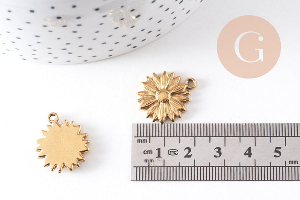 Pendentif médaille ronde fleur marguerite acier 304 inoxydable doré 21.5mm, x1 (G10481)