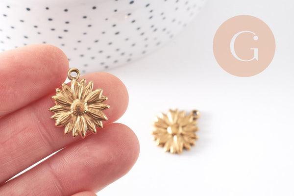 Pendentif médaille ronde fleur marguerite acier 304 inoxydable doré 21.5mm, x1 (G10481)