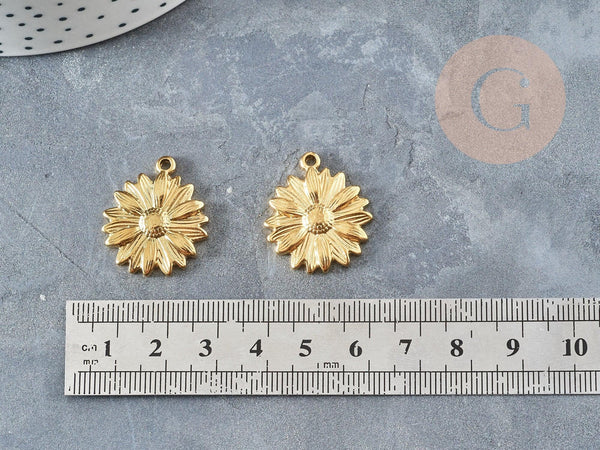 Pendentif médaille ronde fleur tournesol acier 304 inoxydable doré PVD 25.5mm x1 (G2921)