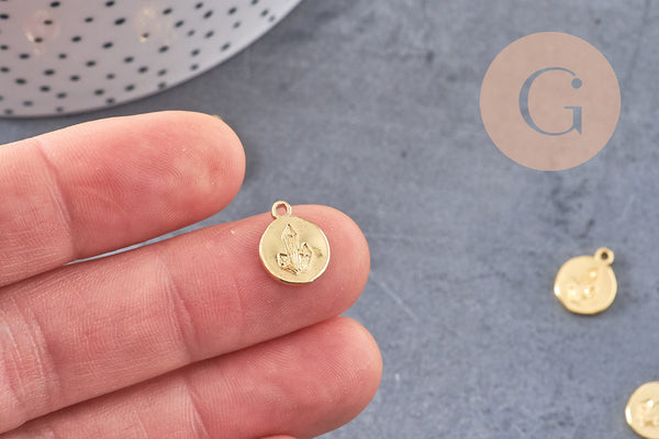 Pendentif médaille ronde laiton doré diamant gem, une médaille dorée ronde pour création de bijoux,12.5mm, x1 (G3564)