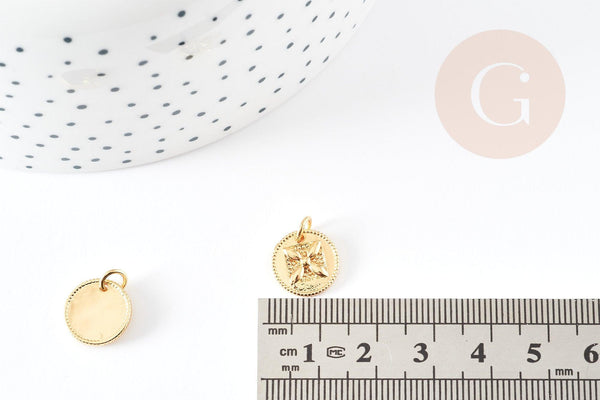Pendentif médaille ronde laiton doré fleur 12mm, x1 (G4826)