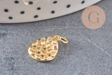 Pendentif médaille ronde laiton doré zircons coloré 13.6mm, un pendentif doré avec cristaux pour création bijoux, x1 (G6303)