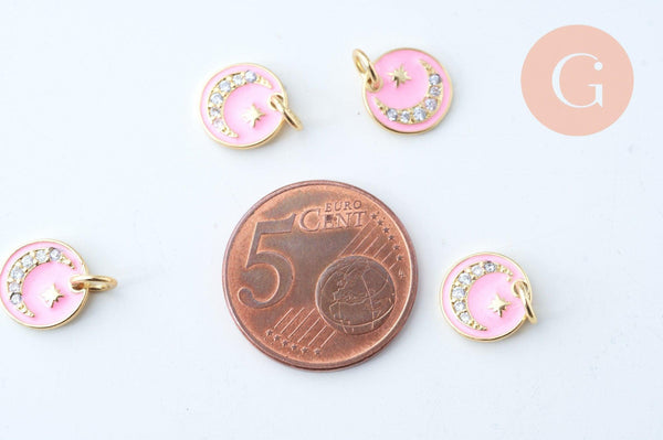 Pendentif médaille ronde lune émail rose laiton doré 18K et cristal zircon 10mm,pendentif laiton chance pour création bijoux,x1 G6076