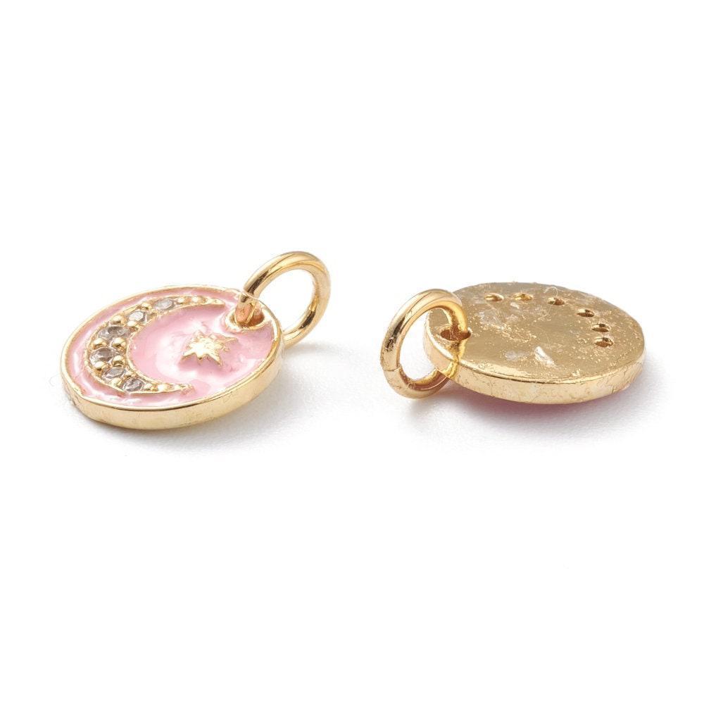 Pendentif médaille ronde lune émail rose laiton doré 18K et cristal zircon 10mm,pendentif laiton chance pour création bijoux,x1 G6076