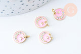 Pendentif médaille ronde lune émail rose laiton doré 18K et cristal zircon 10mm,pendentif laiton chance pour création bijoux,x1 G6076